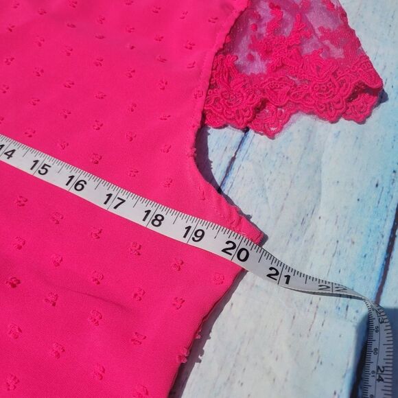 Women's Hot Pink Swiss Dot Lace V-Neck Short Sleeve Blouse Tops Size Large - Picture 13 of 15